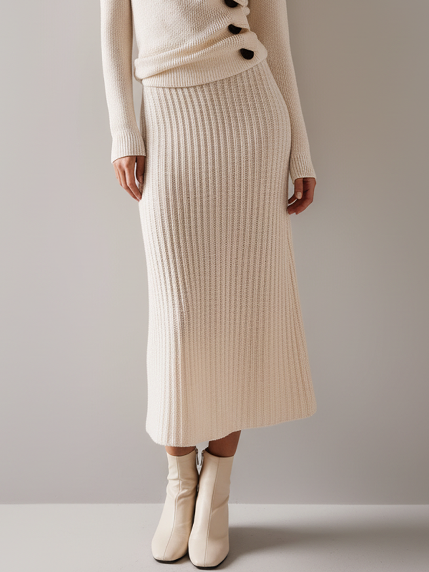 Women's Minimalist Knitted Single-breasted Sweater And Skirt Set MDA2893K4Y