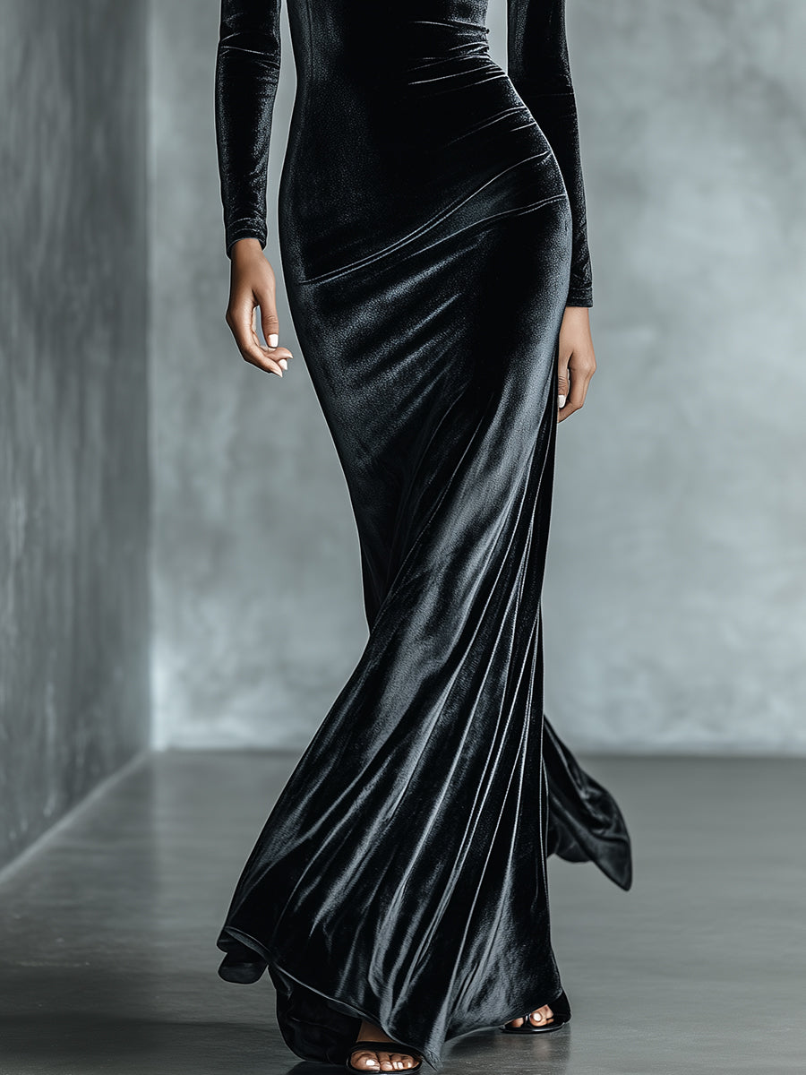 Women's Black Elegant Velvet Crew Neck Long Sleeve Mermaid Maxi Dress MDA1900I1I