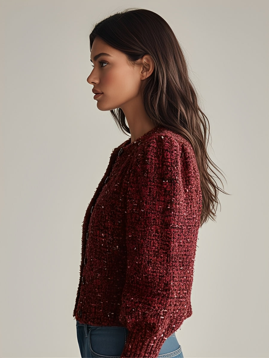 Women's Burgundy Elegant Tweed Puff - Sleeve Button - Front Cropped Jacket MDA2844I5I