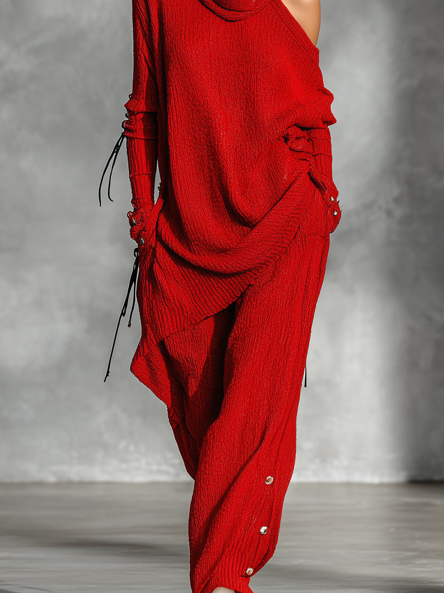 Women's Red Edgy Knit Asymmetric Off - Shoulder Tunic And Wide - Leg Pants Set MDA1953I3I