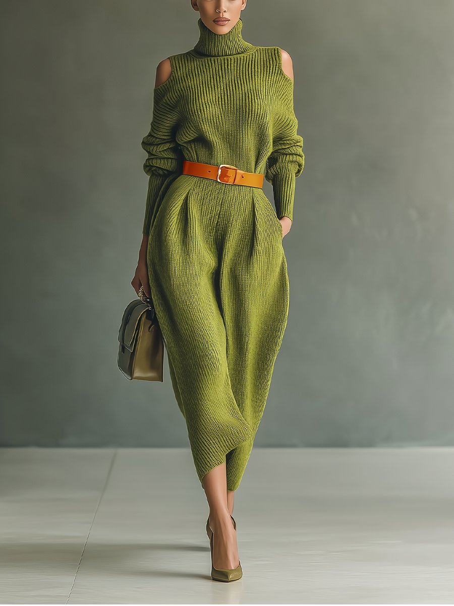Women's Olive Green Knitted Off-Shoulder Midi Dress MDA1896I5T