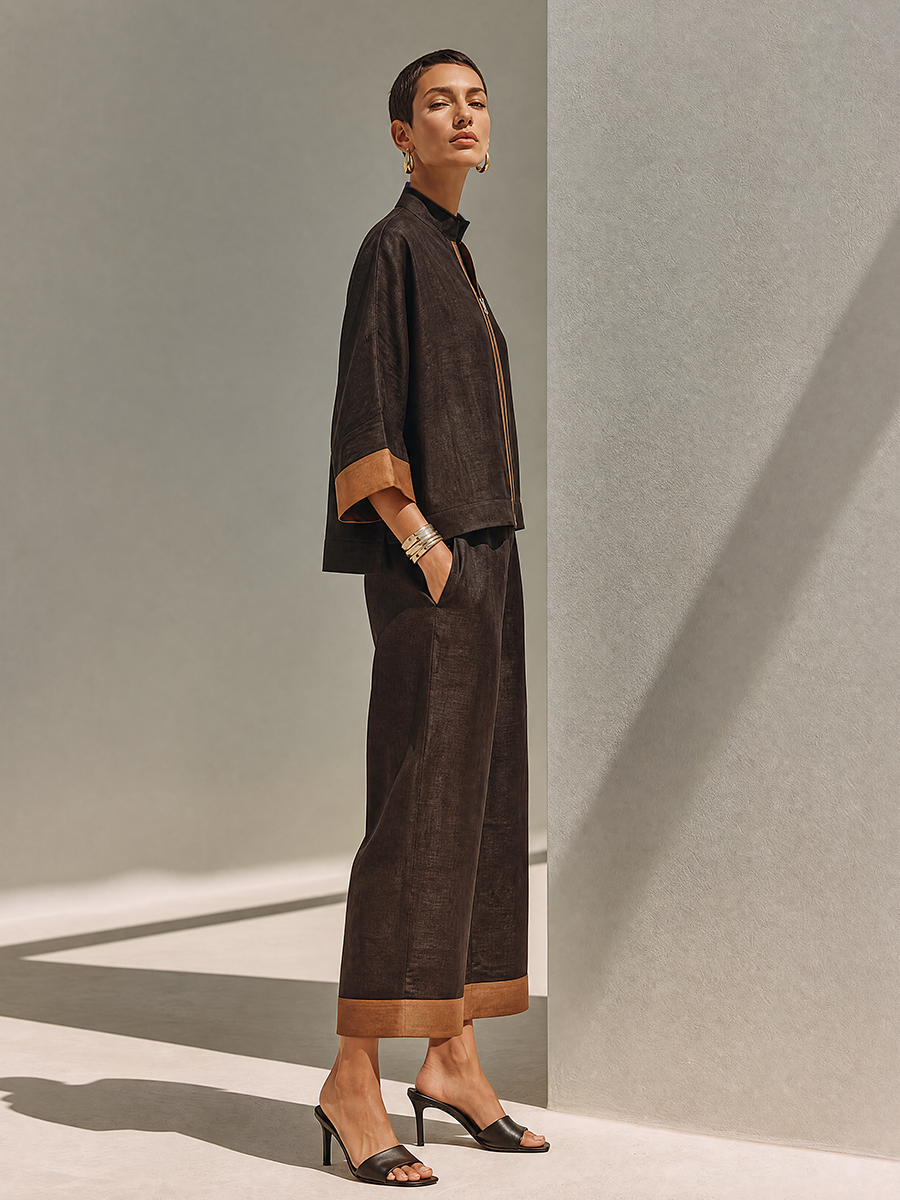 Women's Dark‑Brown Linen Fabric Stand‑Collared Zip‑Up Crop Top & Wide‑Leg Pants Set MDZ1459G3ZRK