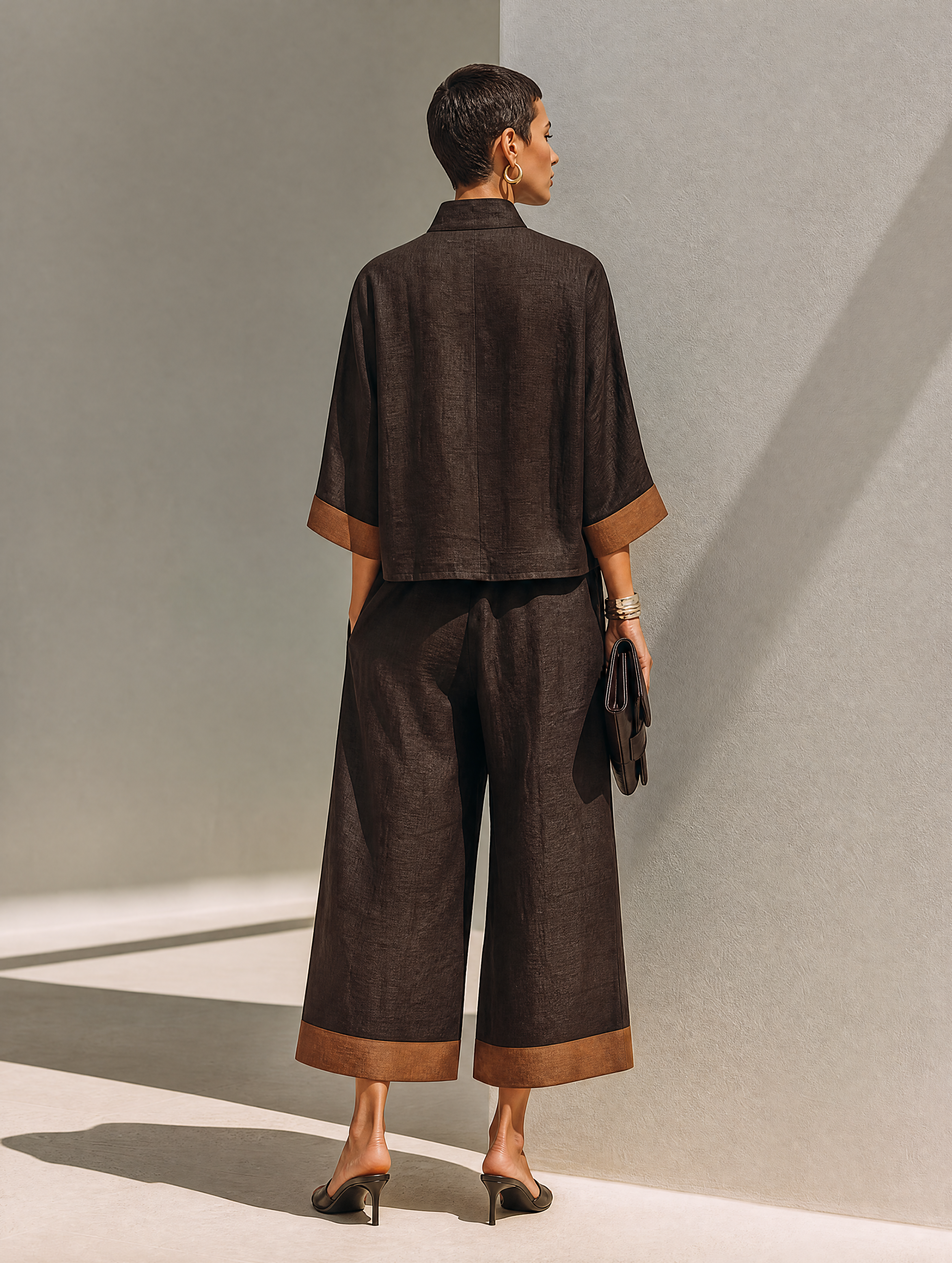 Women's Dark‑Brown Linen Fabric Stand‑Collared Zip‑Up Crop Top & Wide‑Leg Pants Set MDZ1459G3ZRK