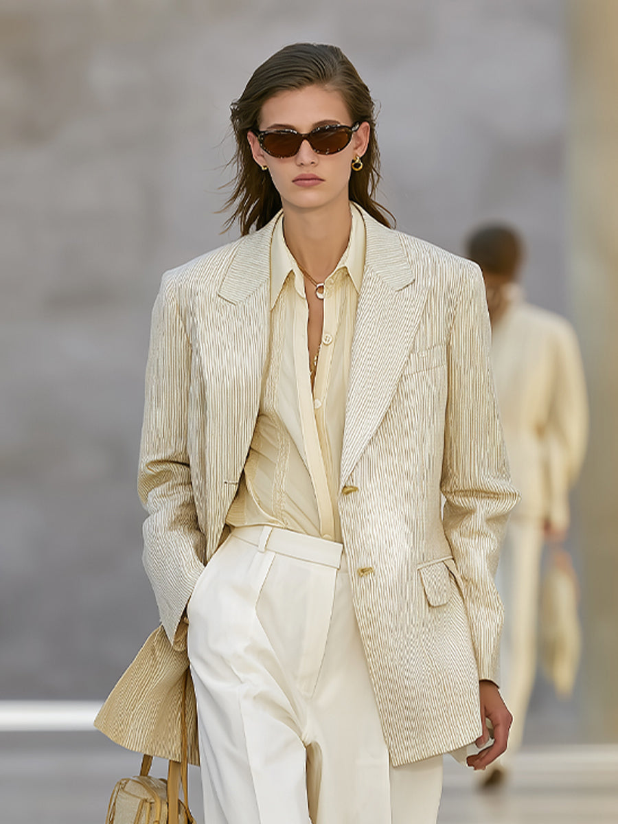 Women's Cream Woven Fashion Blazer With Structured Shoulders & Pinstripe Pattern, Modern Minimalist Style Blazer MDA0377K3I