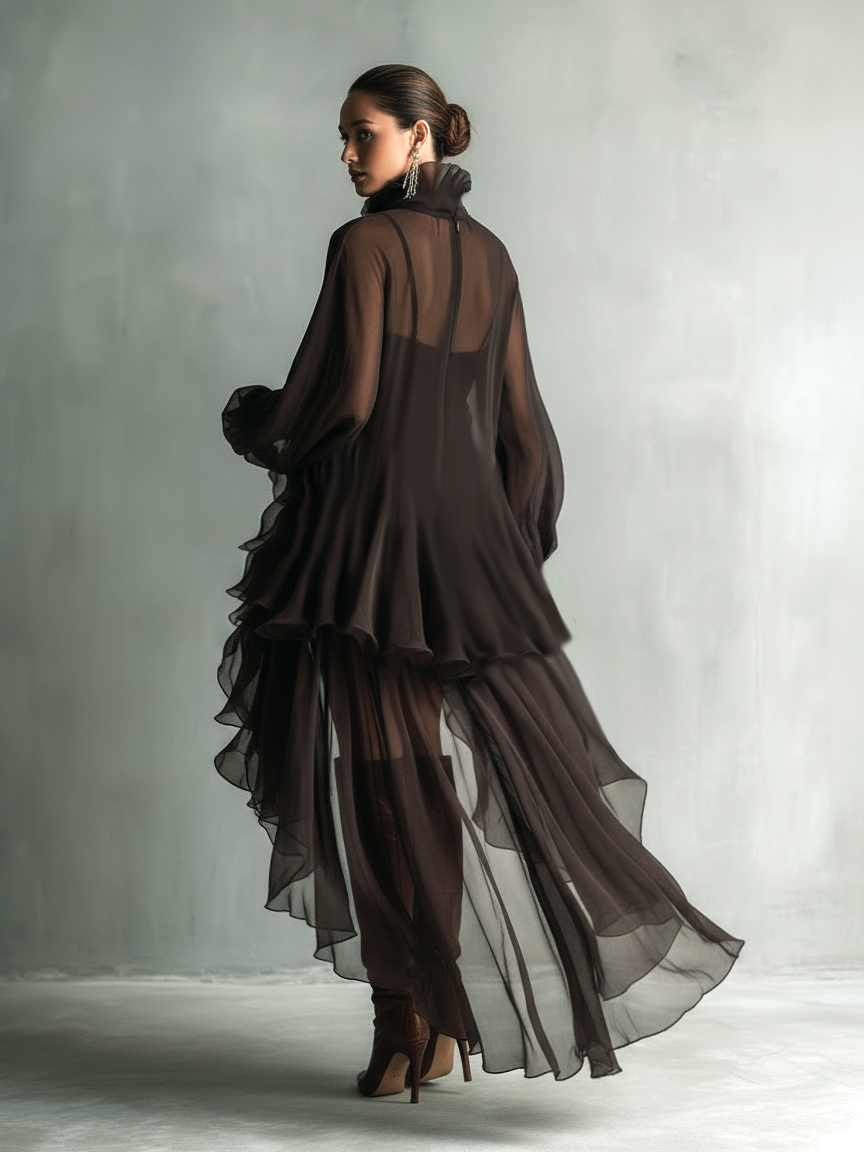 Women's Elegant Brown Chiffon High-neck Long-sleeved Loose-fitting Midi Dress MDZ2304A7AN