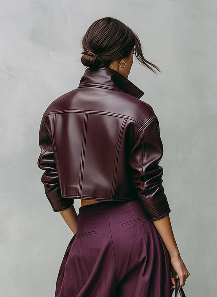 Women's Loose PU Leather Short Double Chest Pocket Jacket MDA1666I2Y