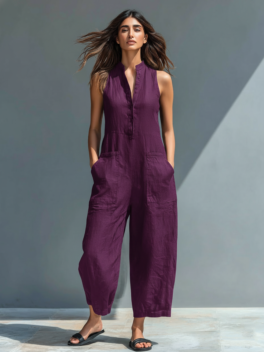 Women's Minimalist Linen Blend Button-up Stand-collar Sleeveless