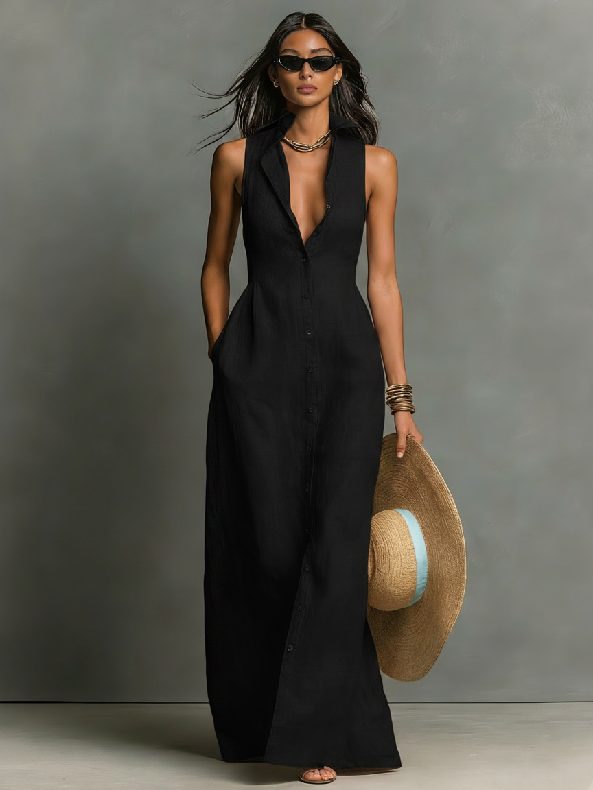 long sleeveless shirt dress Women's Minimalist Linen-Blend Collared Single-Breasted Sleeveless Max –  Modesees