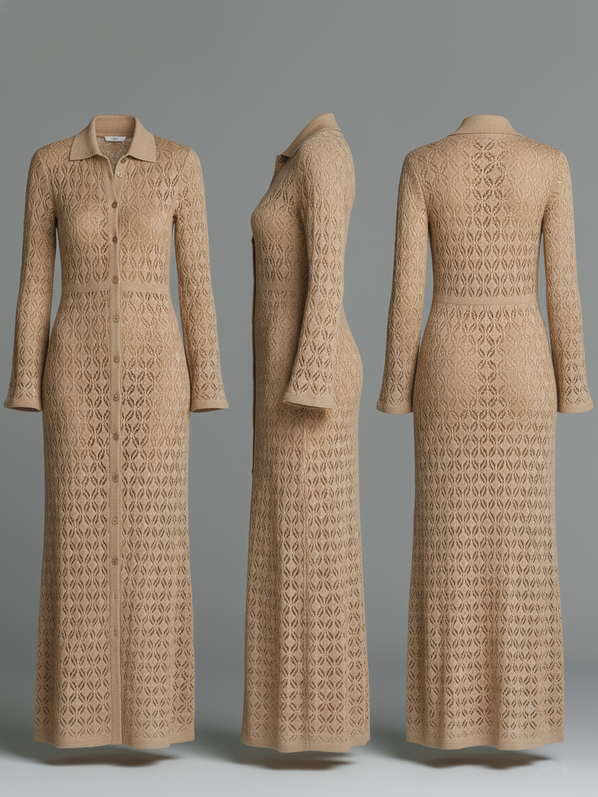 Women's Minimalist Openwork Knit Collared Single-breasted Maxi Dress (includes Slip Dress Underneath)MDA0966L4Y