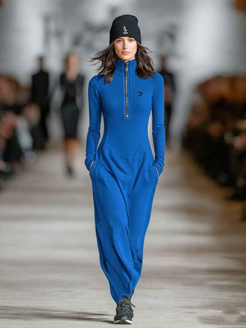 Women's Sports Cotton Blend Half-high Collar Zipper Loose Maxi Dress MDA3197G9Y