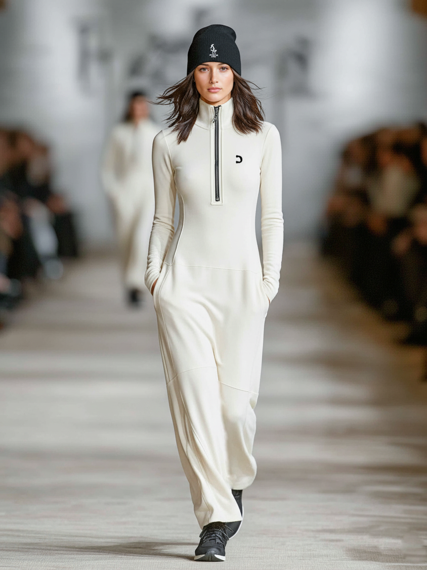 Women's Sports Cotton Blend Half-high Collar Zipper Loose Maxi Dress MDA3197G9Y