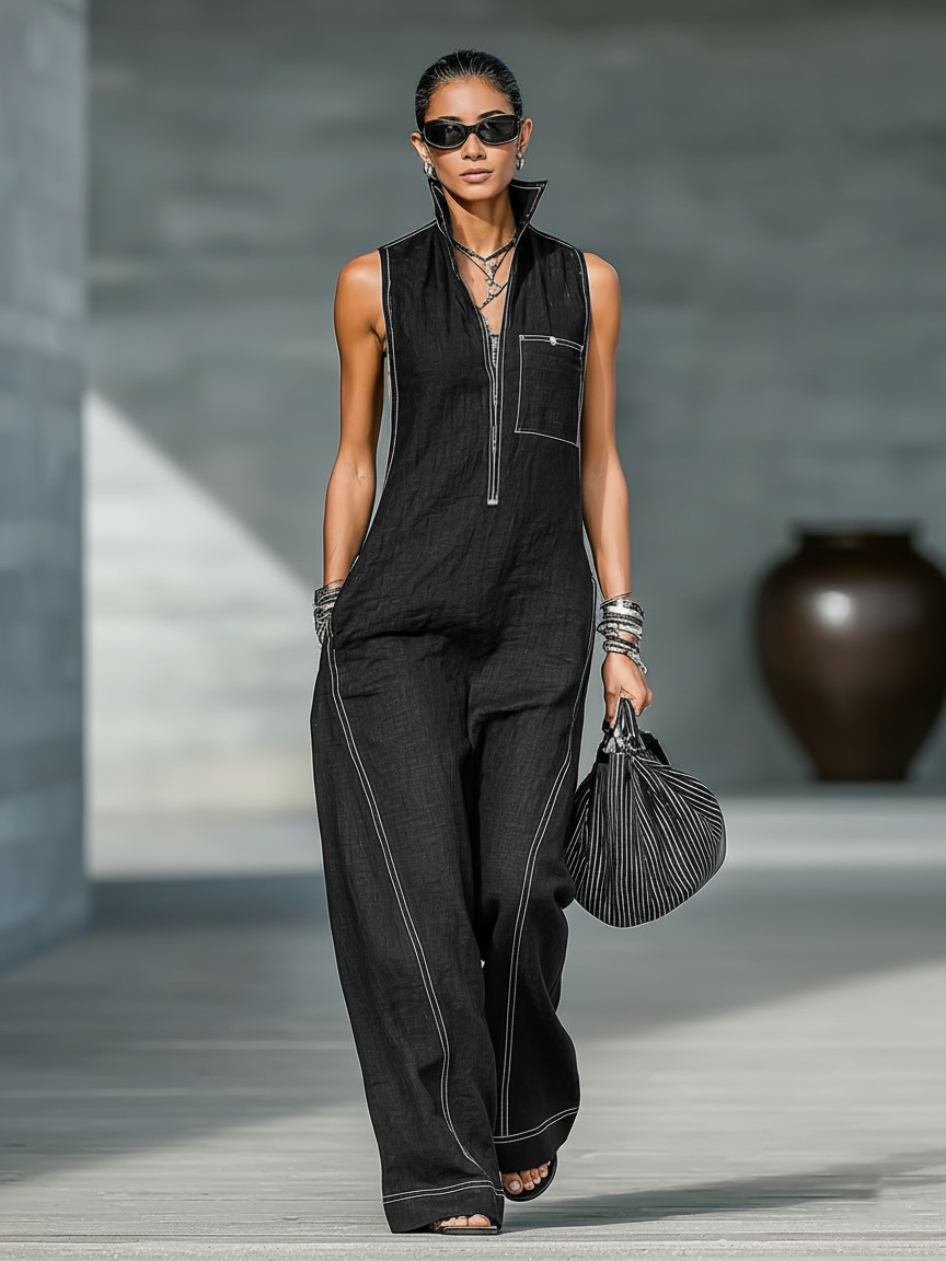 Women's Minimalist Loose-fitting White Trim Sleeveless Jumpsuit MDA3086L9Y