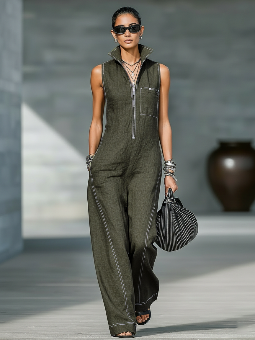 Women's Minimalist Loose-fitting White Trim Sleeveless Jumpsuit MDA3086L9Y