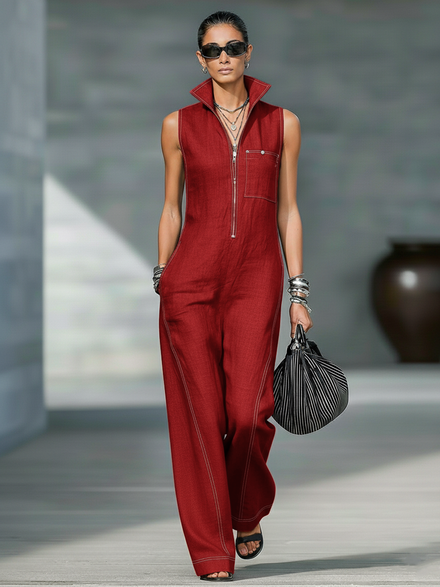 Women's Minimalist Loose-fitting White Trim Sleeveless Jumpsuit MDA3086L9Y