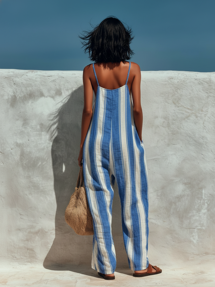Women's Minimalist Vacation-style Striped Printed Suspender Jumpsuit MDZ1085B0Y