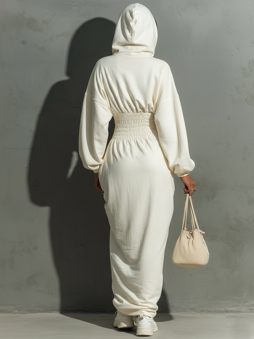 Women's Minimalist Waist Shirring Hooded Sweatshirt Maxi Dress MDA1965L4Y