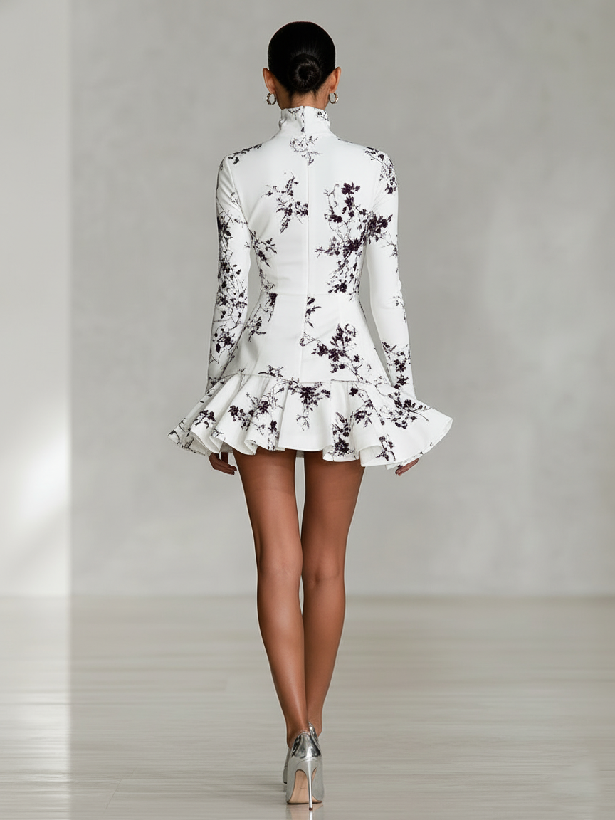 Women's White Printed High-Neck Ruffled Mini Dress MDA0989L6AP