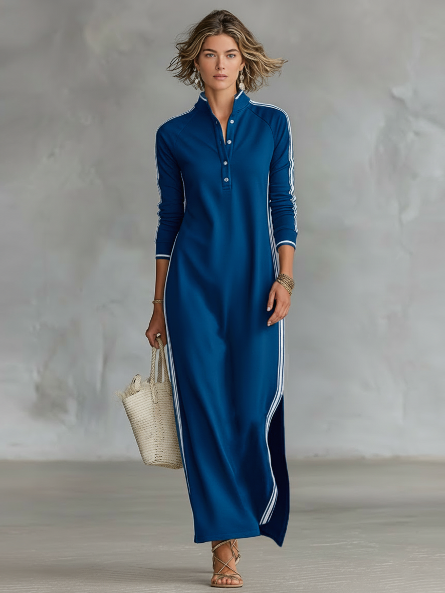 Women's Minimalist White-trimmed Button-down Collar Sweatshirt Maxi Dr – Modesees