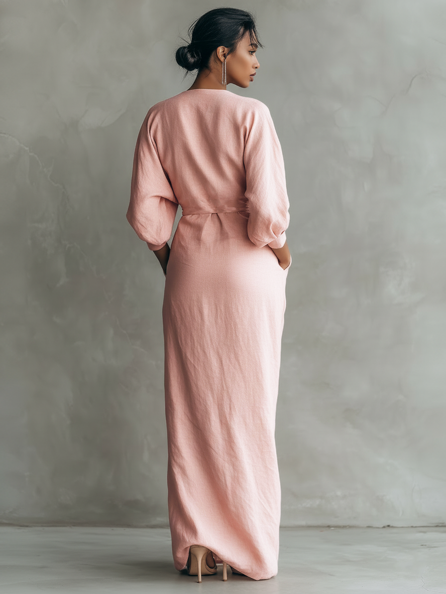 Women's  Pink Minimalist V-neck Linen Blend Maxi Dress MDA1655L0Y