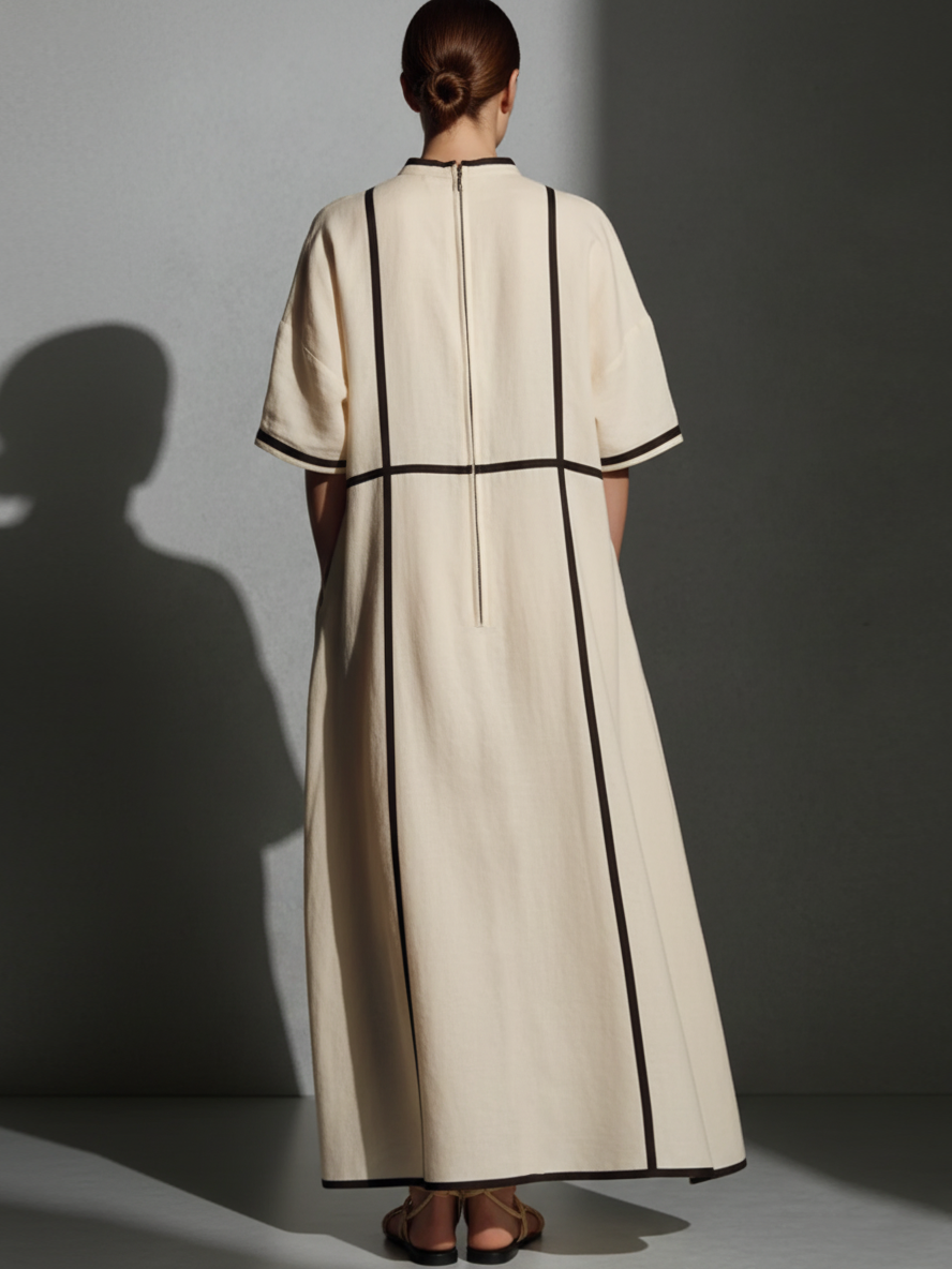 Women's Modern Linen Blend Beige Stand-Collar Half-Sleeve Contrast-Line Pocketed Maxi Dress  MDA2924L4AU