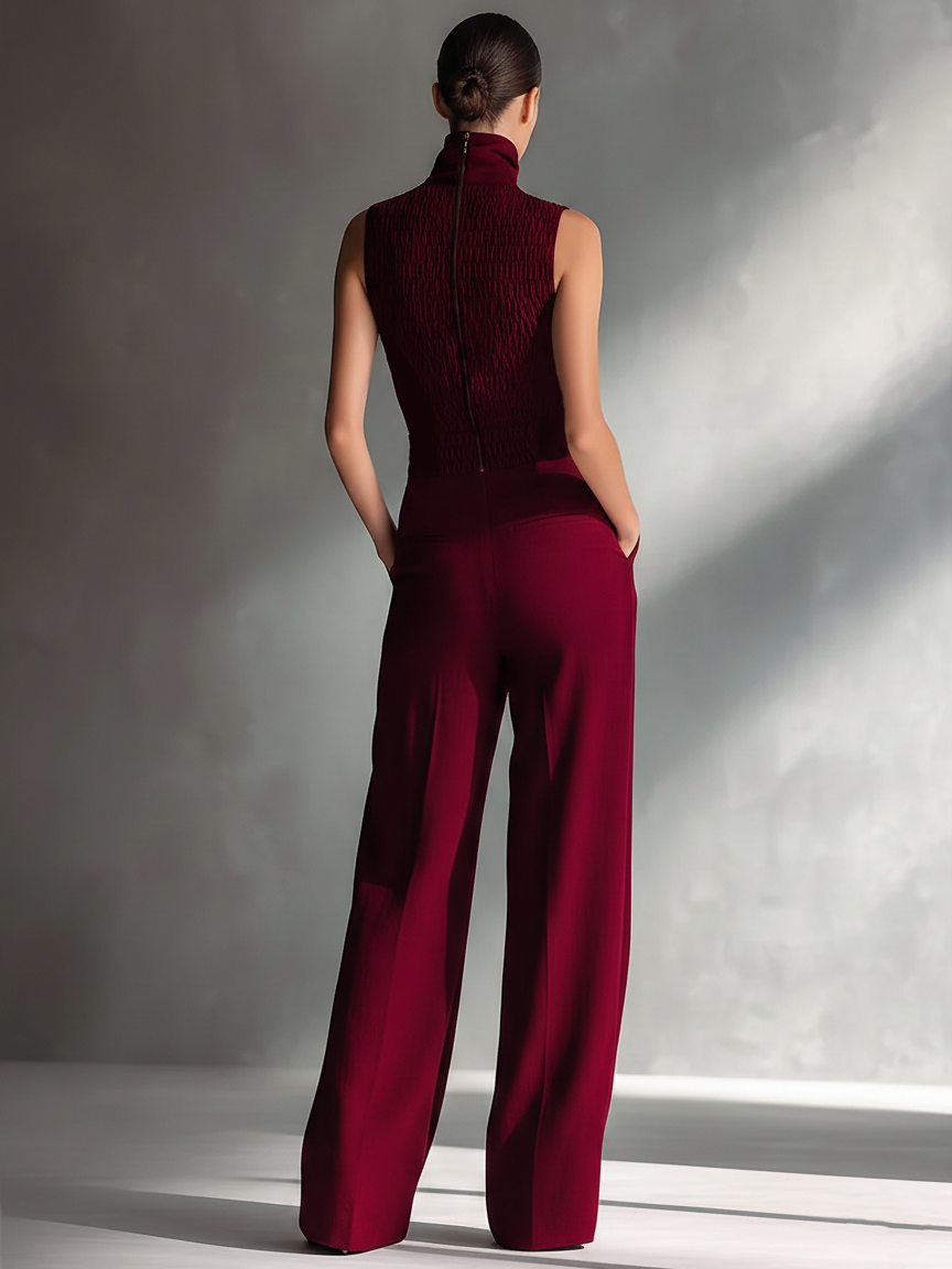 Women's Sleek Cotton-Linen Blend Burgundy Sleeveless Turtleneck Wide-Leg Jumpsuit MDA2292L5AU