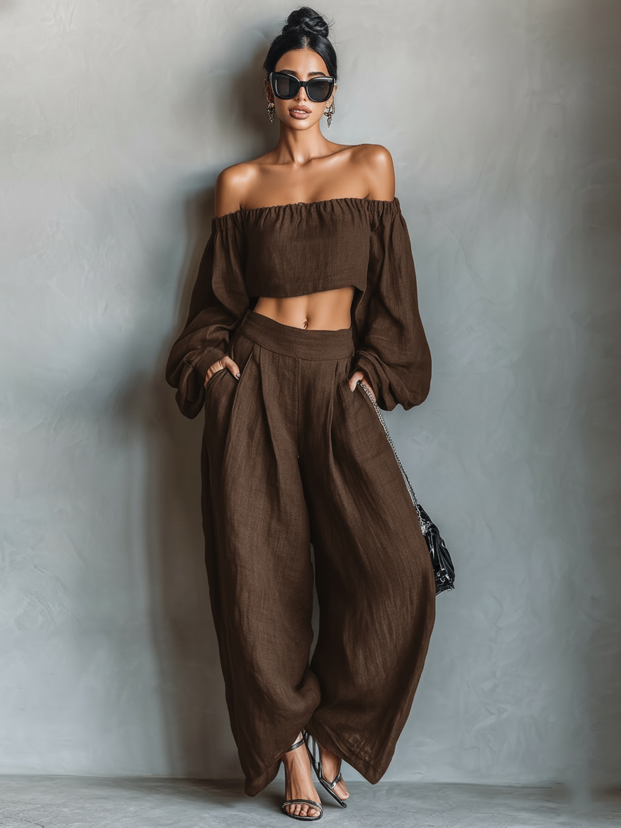 Women's Minimalist Linen Blend Strapless Long-sleeved Blouse And Wide-leg Pants Set MDA1900L7Y