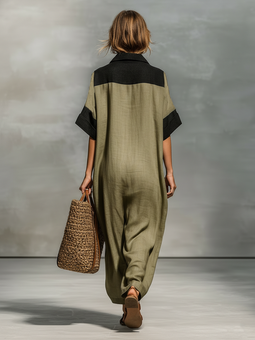 Women's Minimalist Linen Blend Color-blocked Short-sleeved Maxi Dress MDZ0917A4Y