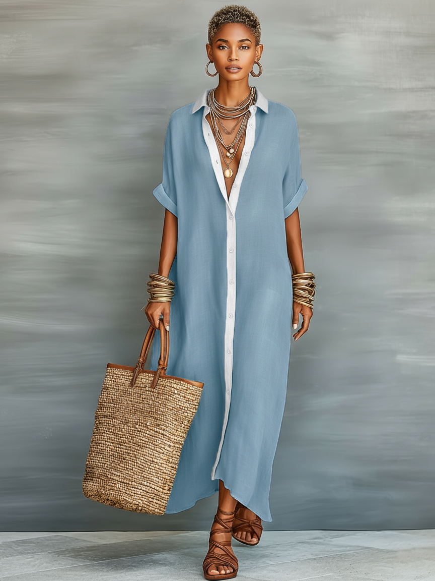 Women's Minimalist Linen Blend Short-sleeved Shirt Maxi Dress MDZ0647A2Y