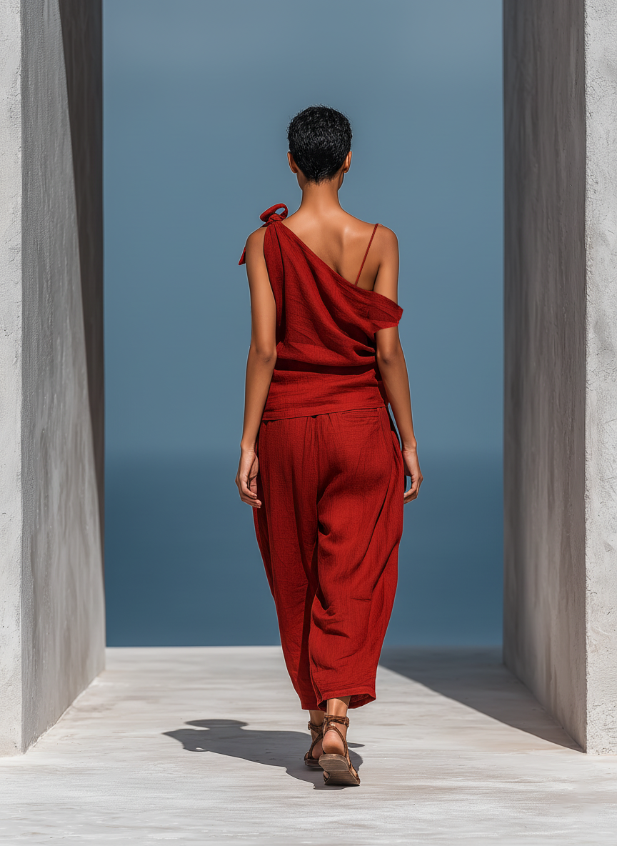 Women’s Red Linen-Blend Two-Piece Set: Asymmetrical One-Shoulder Top (Without Neck Scarf) & Wide-Leg Pants With Pockets MDZ2201D4T
