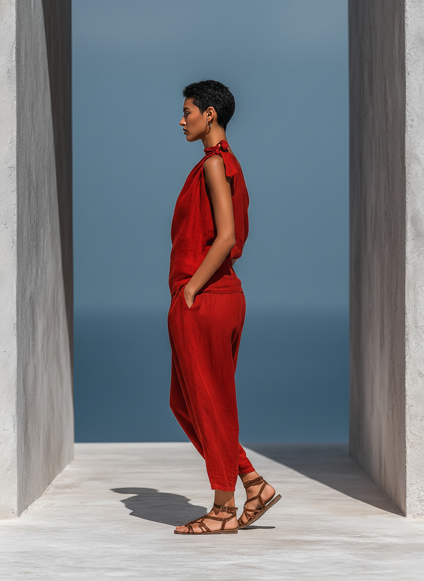 Women’s Red Linen-Blend Two-Piece Set: Asymmetrical One-Shoulder Top (Without Neck Scarf) & Wide-Leg Pants With Pockets MDZ2201D4T