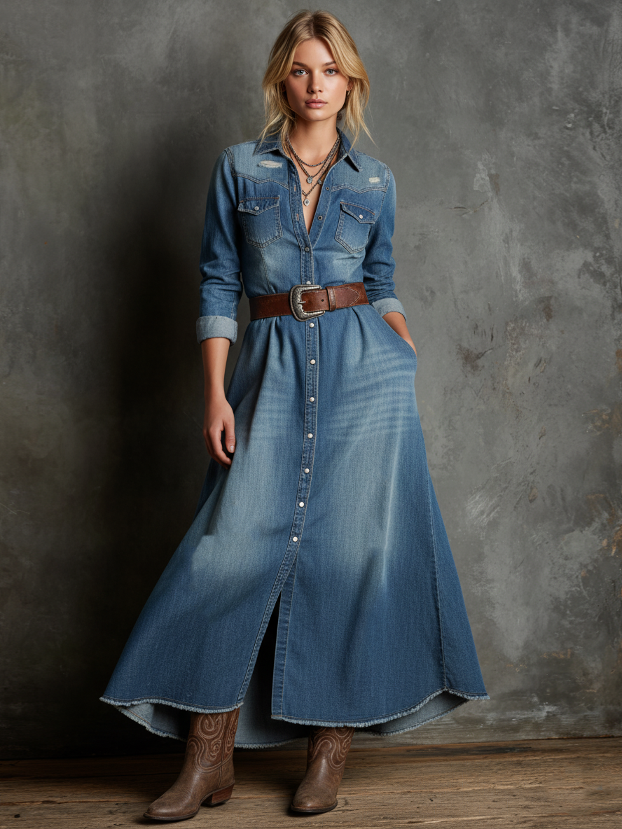Women's Loose-fitting Denim Washed Distressed Belt Maxi Dress MDA0578K4Y