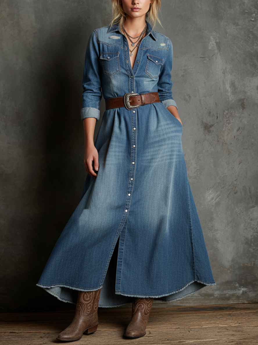 Women's Loose-fitting Denim Washed Distressed Belt Maxi Dress MDA0578K4Y