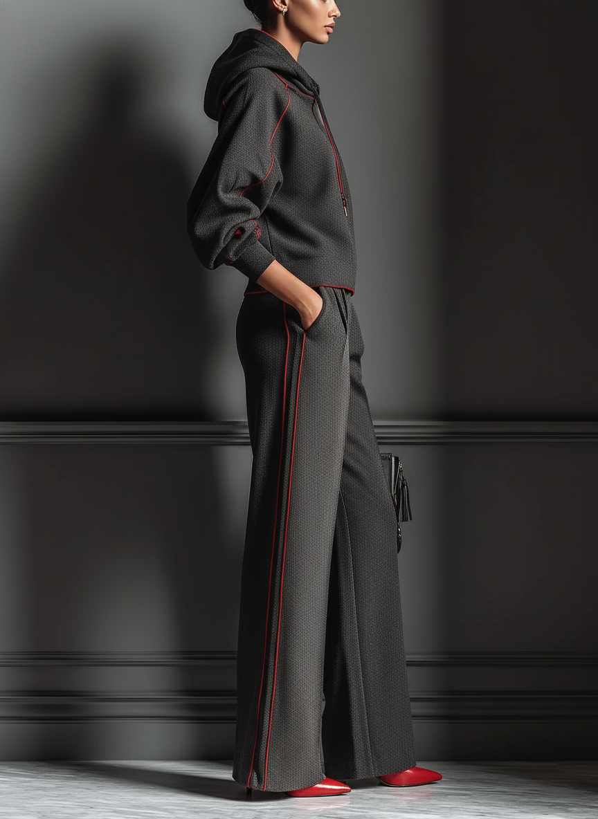 Women's Dark Gray Air Layer Red Contrasting Edge Hooded Sweatshirt And Straight Pants Set MDA1635J7T