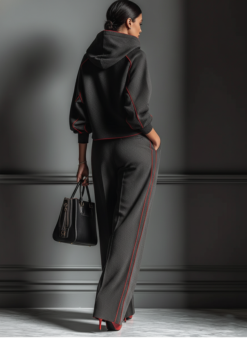 Women's Dark Gray Air Layer Red Contrasting Edge Hooded Sweatshirt And Straight Pants Set MDA1635J7T