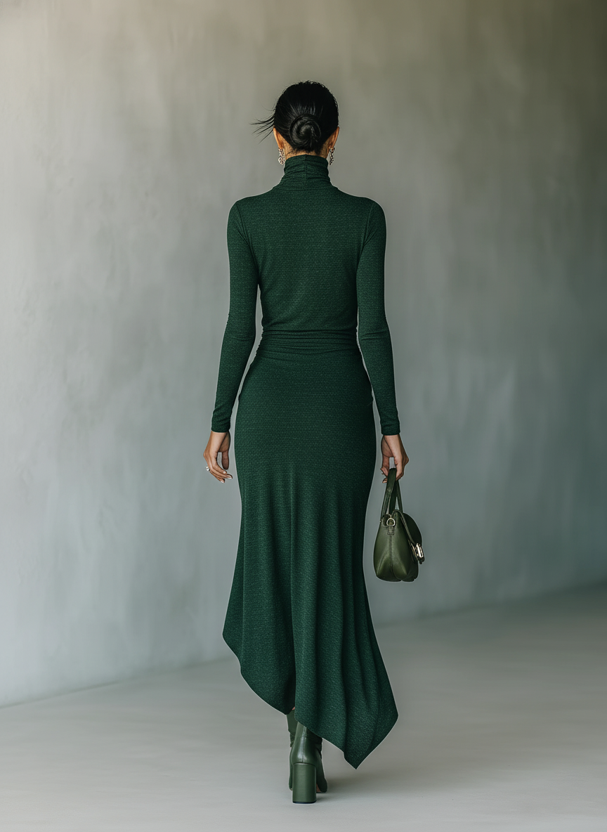 Women's Dark Green High-elastic Knitted High-neck Wrap Dress Midi Dress MDA2023J2T