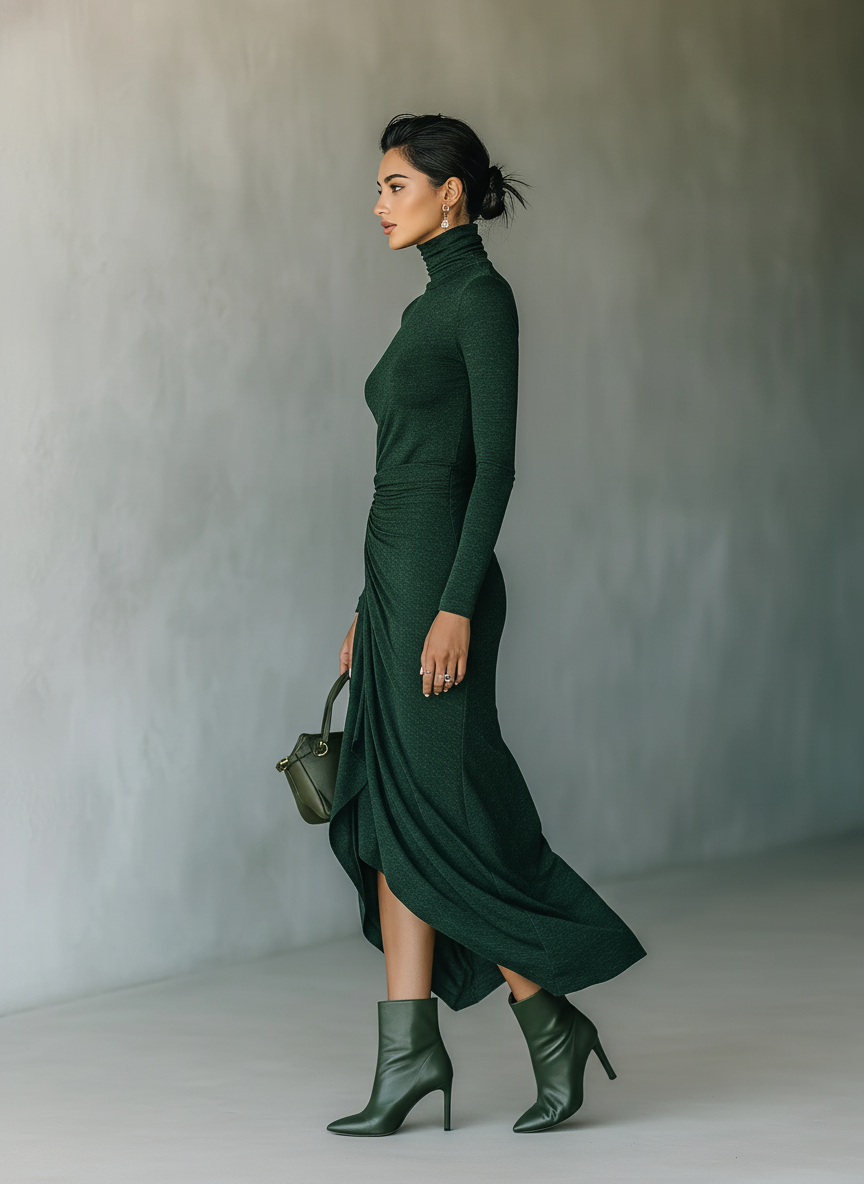 Women's Dark Green High-elastic Knitted High-neck Wrap Dress Midi Dress MDA2023J2T