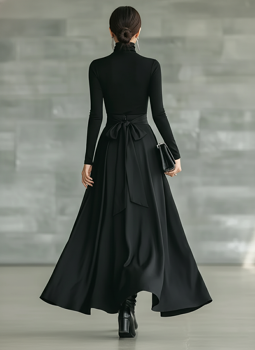 Women's Black High-Neck High-Stretch Knitted And Satin Flared Maxi Dress MDA2851J4T