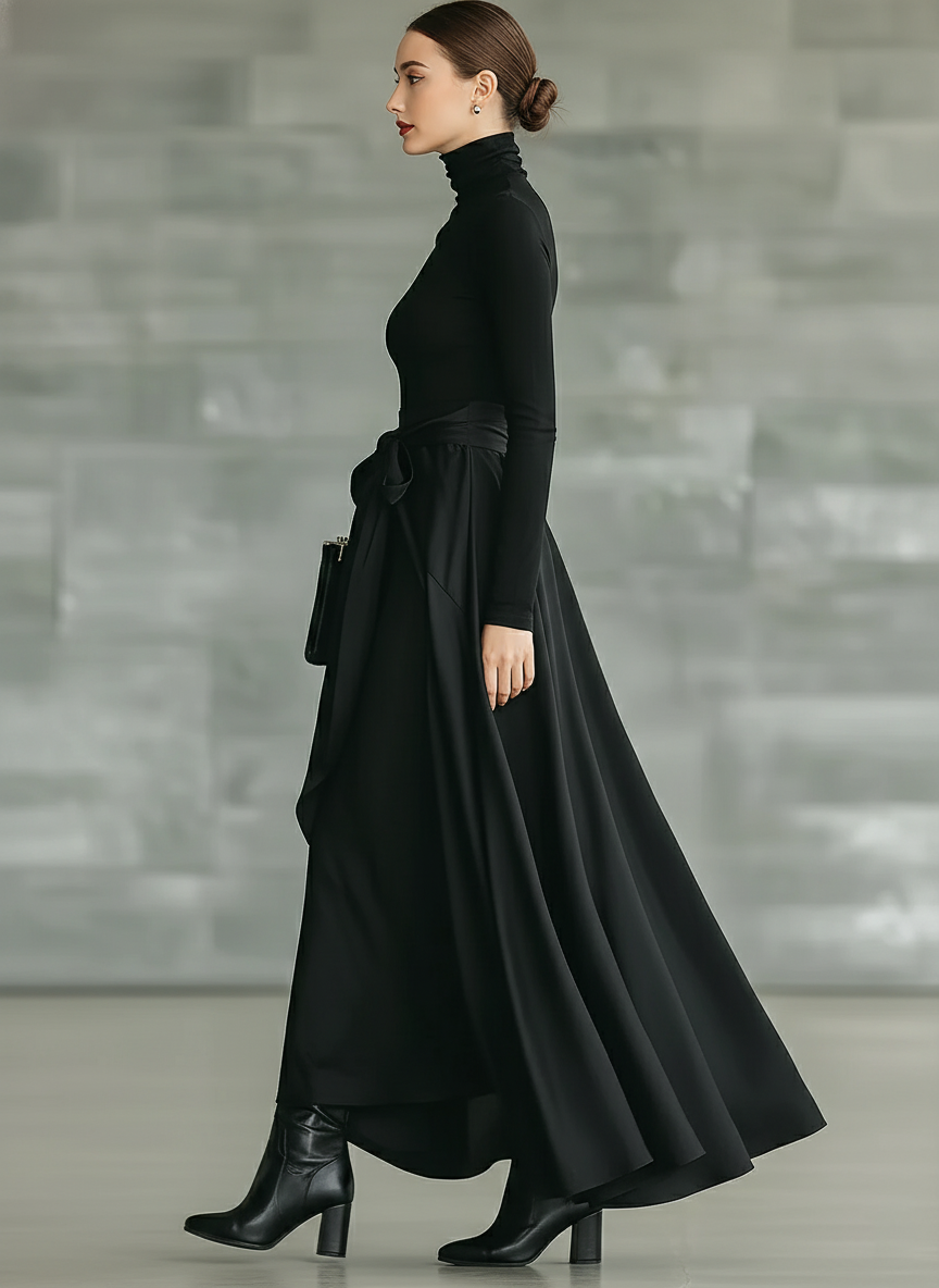 Women's Black High-Neck High-Stretch Knitted And Satin Flared Maxi Dress MDA2851J4T