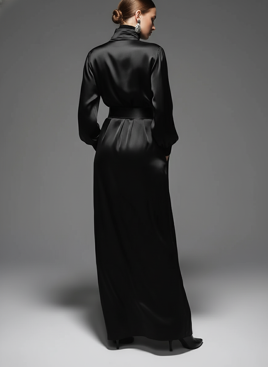 Women's Black Satin High-Neck Belted Waist & Puff Sleeves, Sophisticated Cocktail Style Maxi Dress MDA2386J8I