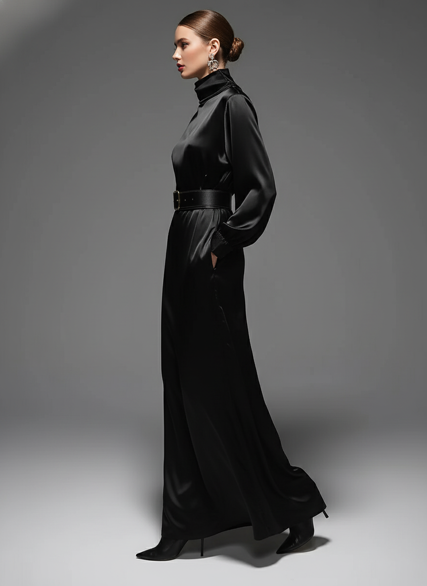 Women's Black Satin High-Neck Belted Waist & Puff Sleeves, Sophisticated Cocktail Style Maxi Dress MDA2386J8I
