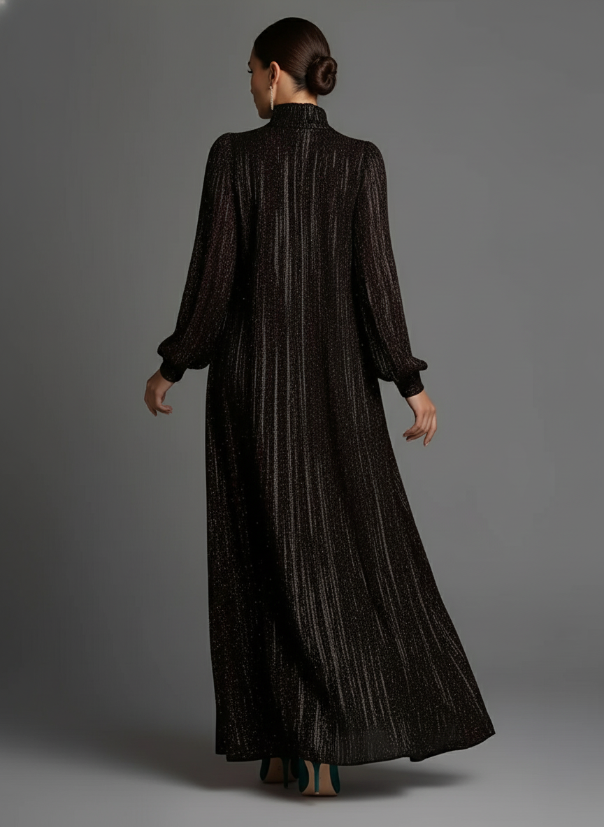 Women's Black Glittery Knit Elegant Maxi Dress With High Neck & Puff Sleeves, Glamorous Evening Dress MDA2791J6I