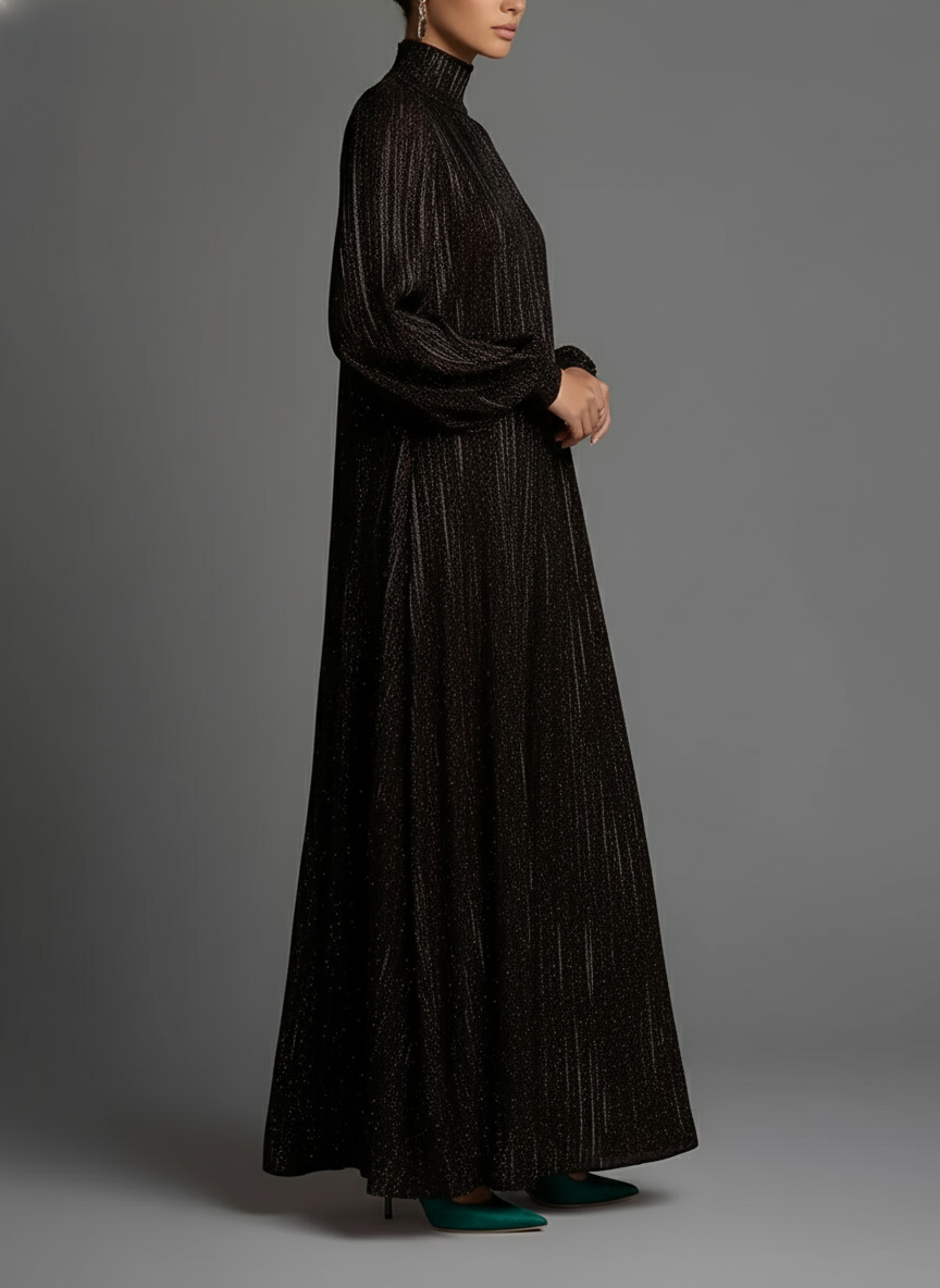 Women's Black Glittery Knit Elegant Maxi Dress With High Neck & Puff Sleeves, Glamorous Evening Dress MDA2791J6I