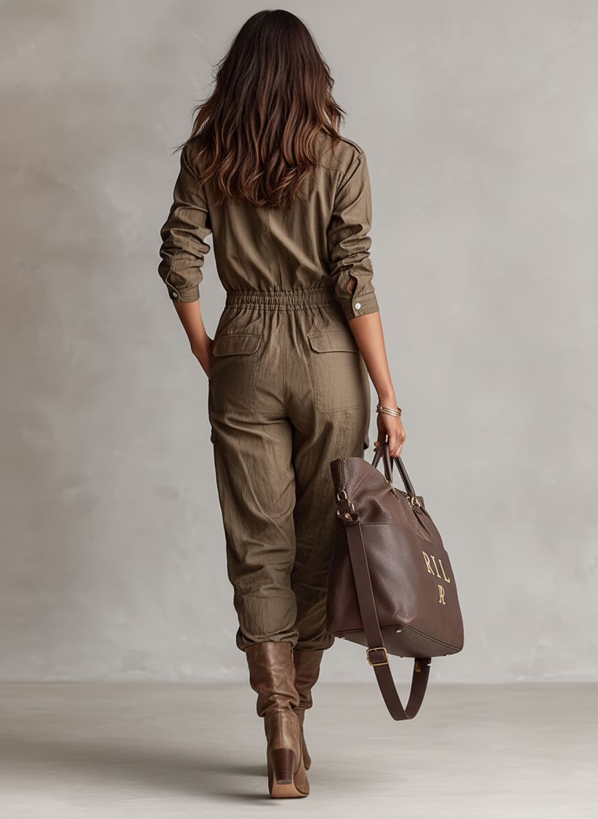 Women's Casual Shirt Collar Button Drawstring Jumpsuit MDA2044J3Y