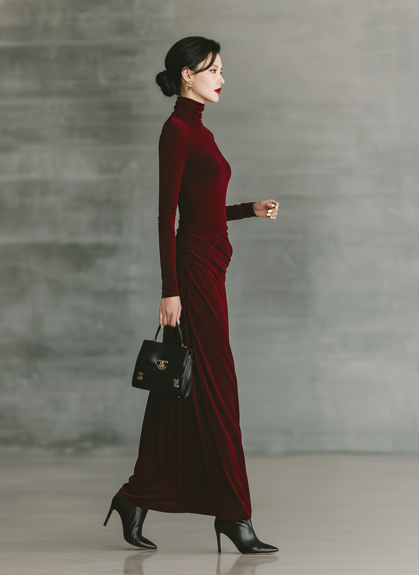 Women's Burgundy Velvet High Neck Slim Fit Maxi Dress MDA2425J1T