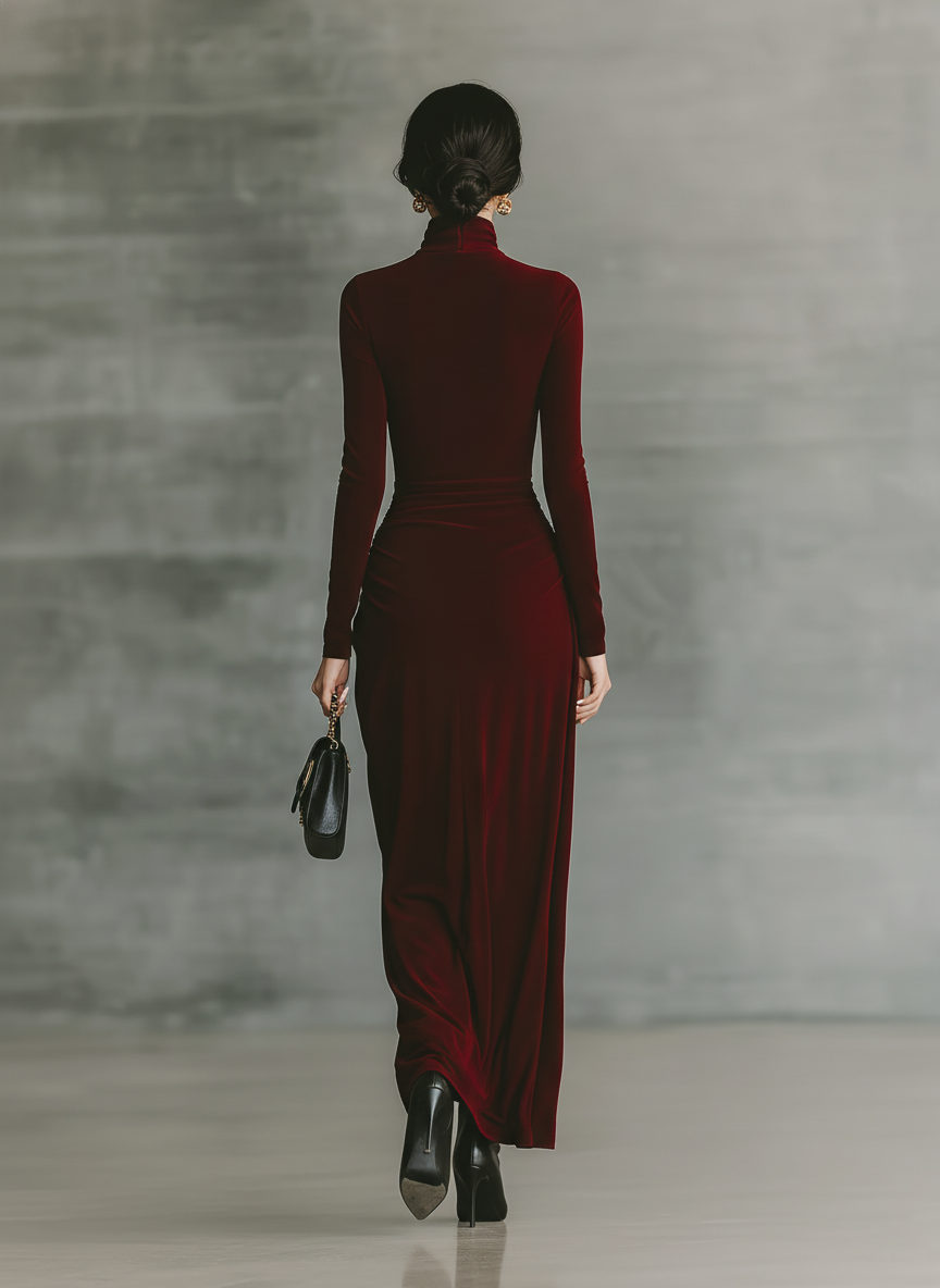 Women's Burgundy Velvet High Neck Slim Fit Maxi Dress MDA2425J1T