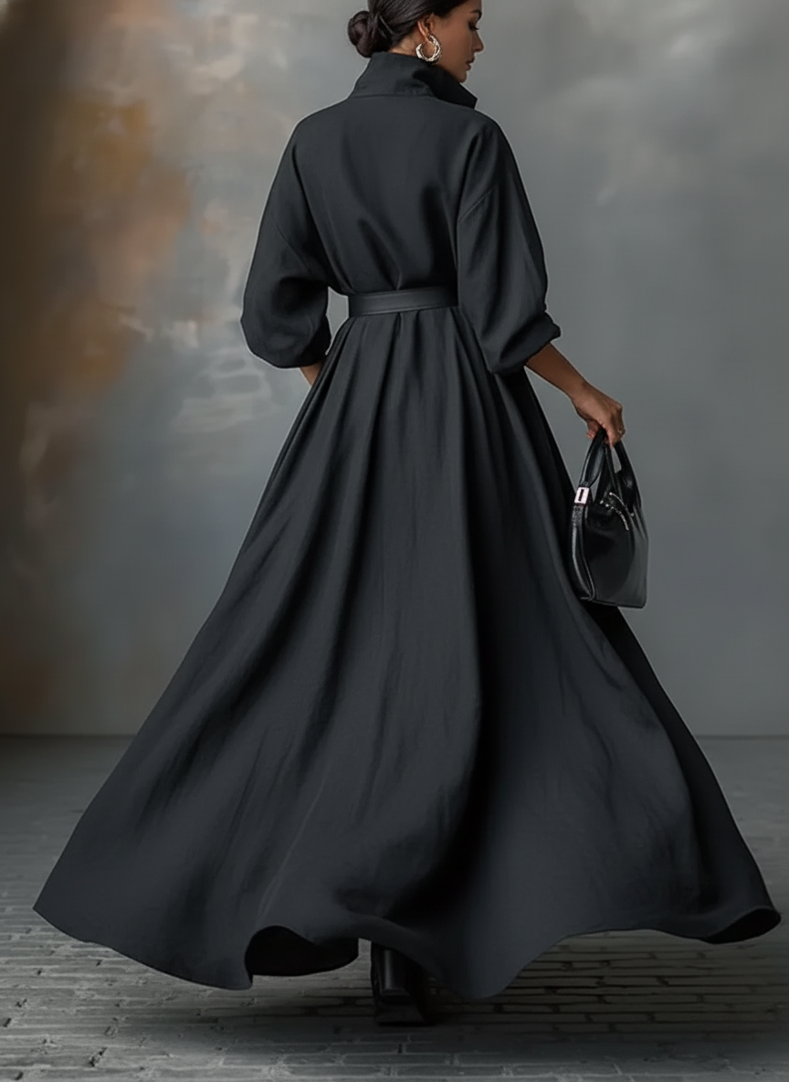 Women's Stand Collar Belt Maxi Dress MDA2102J8Y