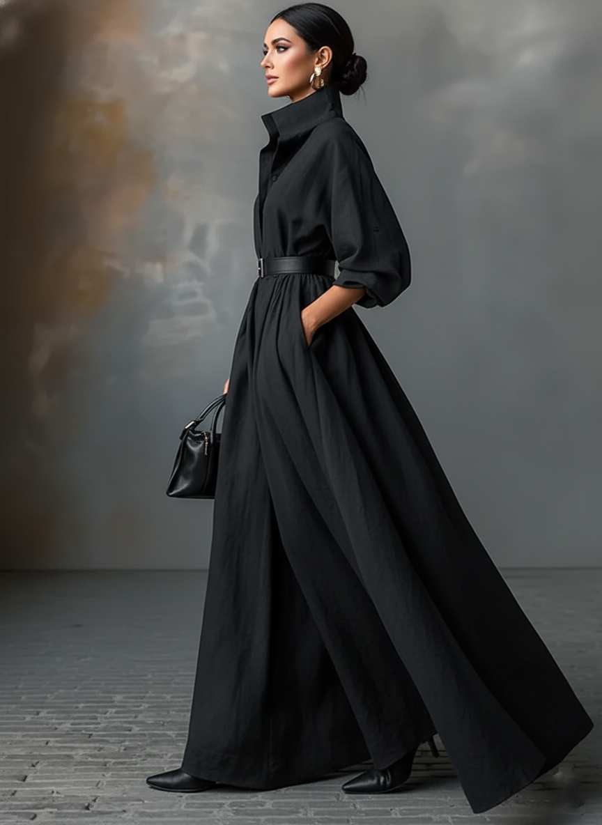 Women's Stand Collar Belt Maxi Dress MDA2102J8Y