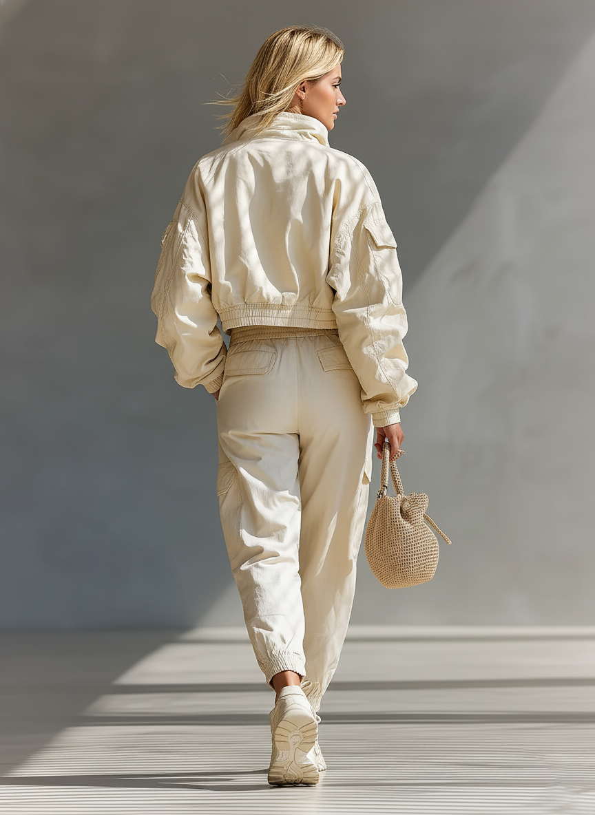 Women's Off-White Cotton Blend Casual Sport Jacket And Pants Set MDA2132J2T