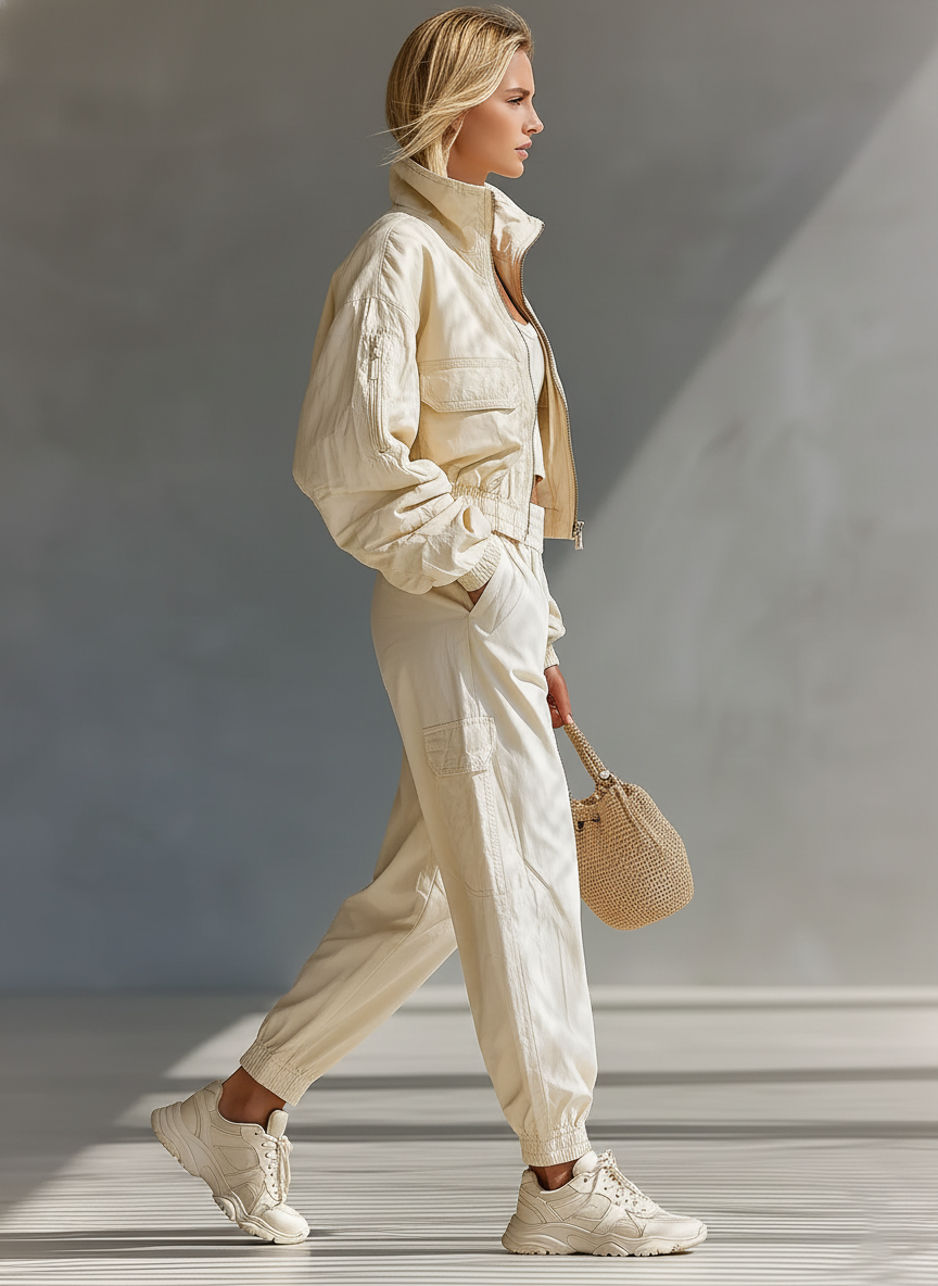 Women's Off-White Cotton Blend Casual Sport Jacket And Pants Set MDA2132J2T