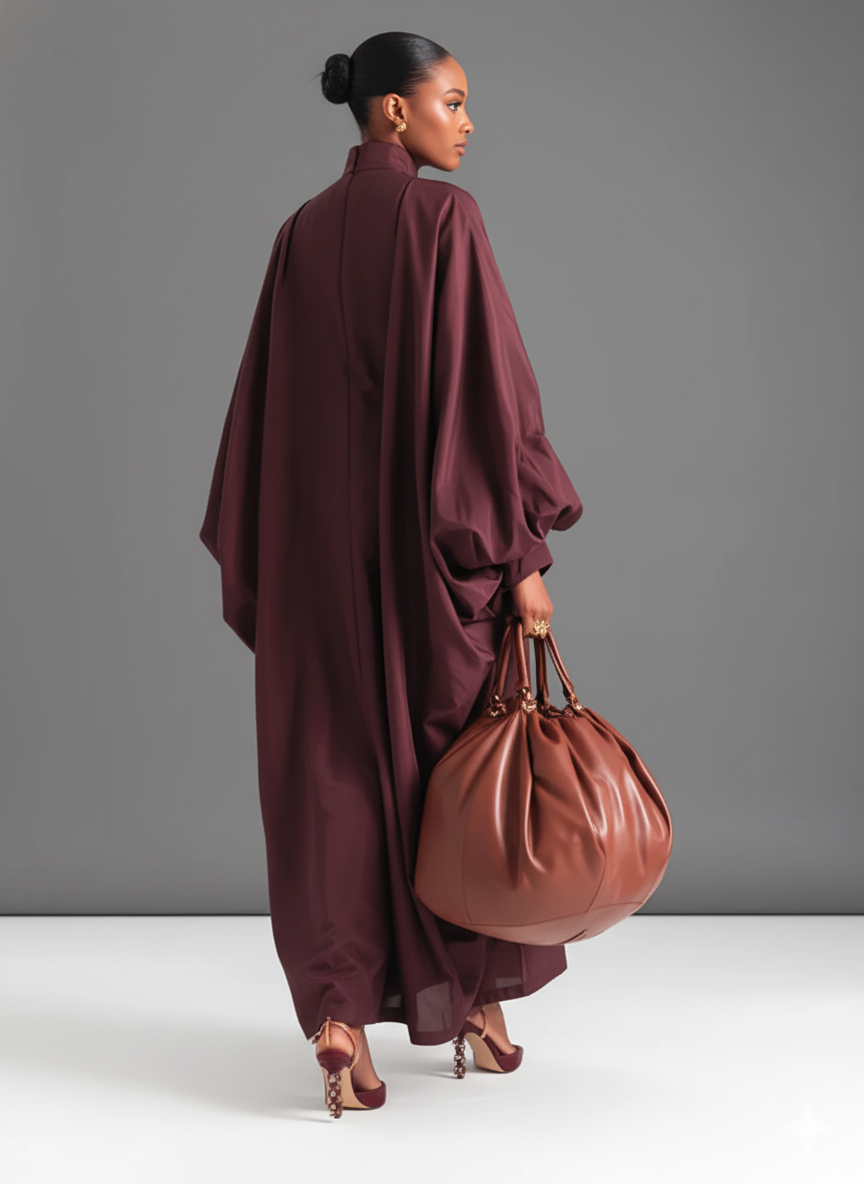 Women's Burgundy Crisp Cotton Avant-Garde Maxi Dress With High Neck & Dramatic Puff Sleeves, High-Fashion Statement Maxi Dress MDA3046J3I